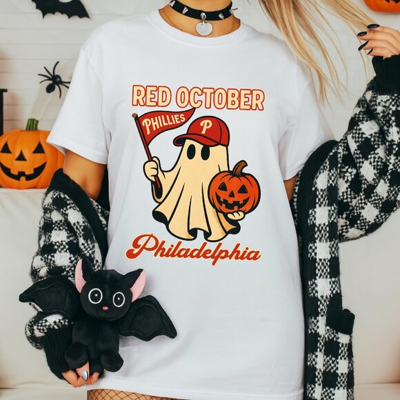 Red October Halloween Ghost Shirt Spooky Baseball Halloween Shirt 138 - Picture 1 of 5